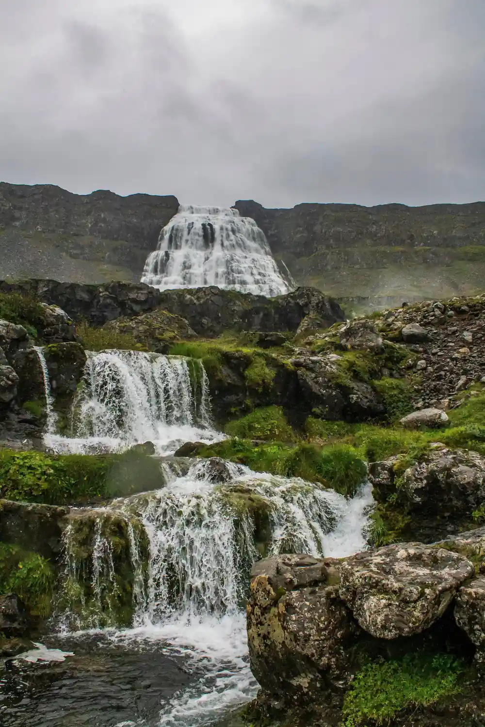 Dynjandi seen from below the lower falls, water on every level