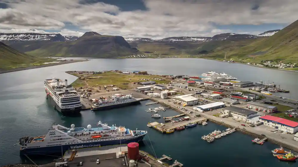 Isafjordur from the air with cruise ships along the pier