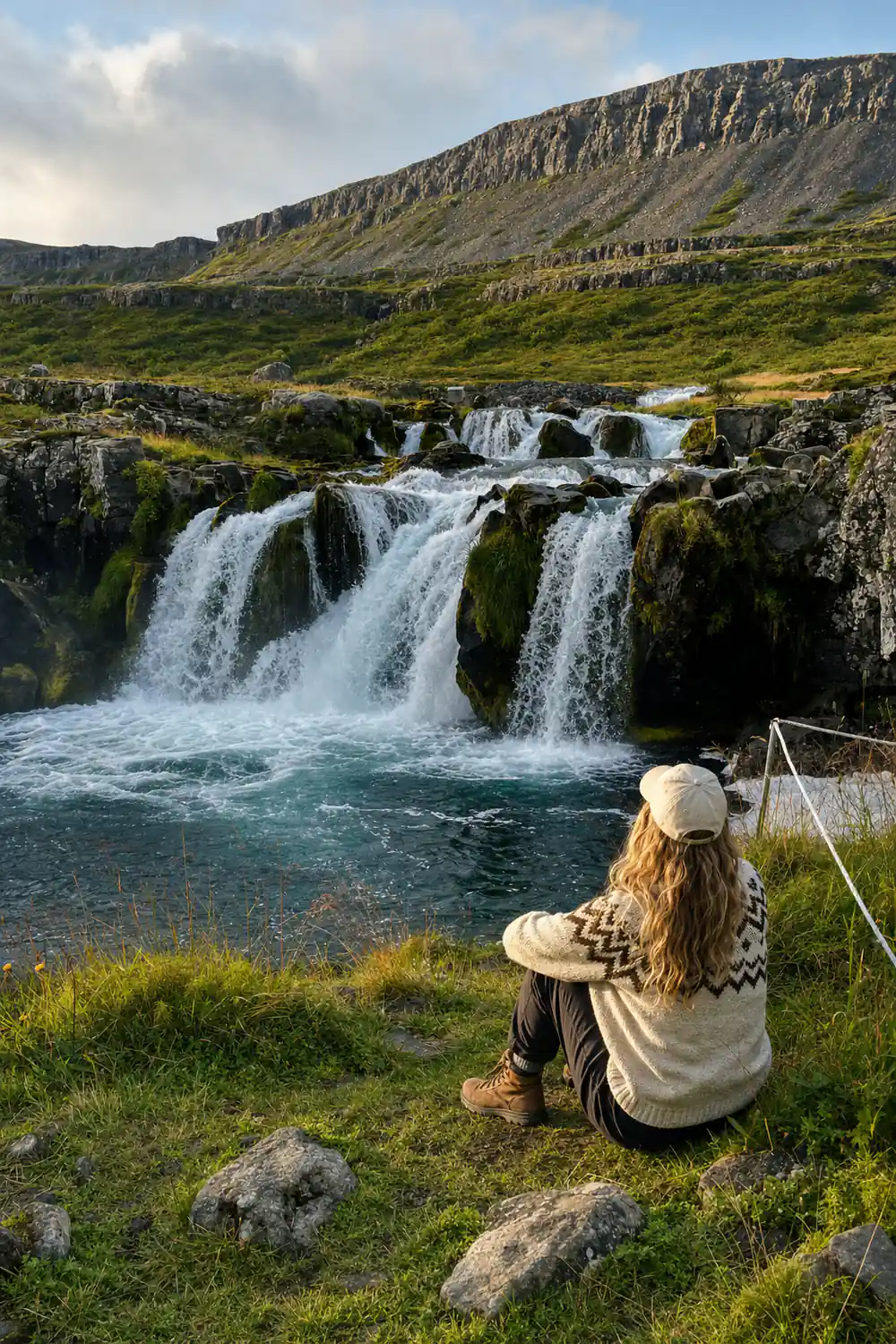 Two lower falls dropping into clear water beside the path