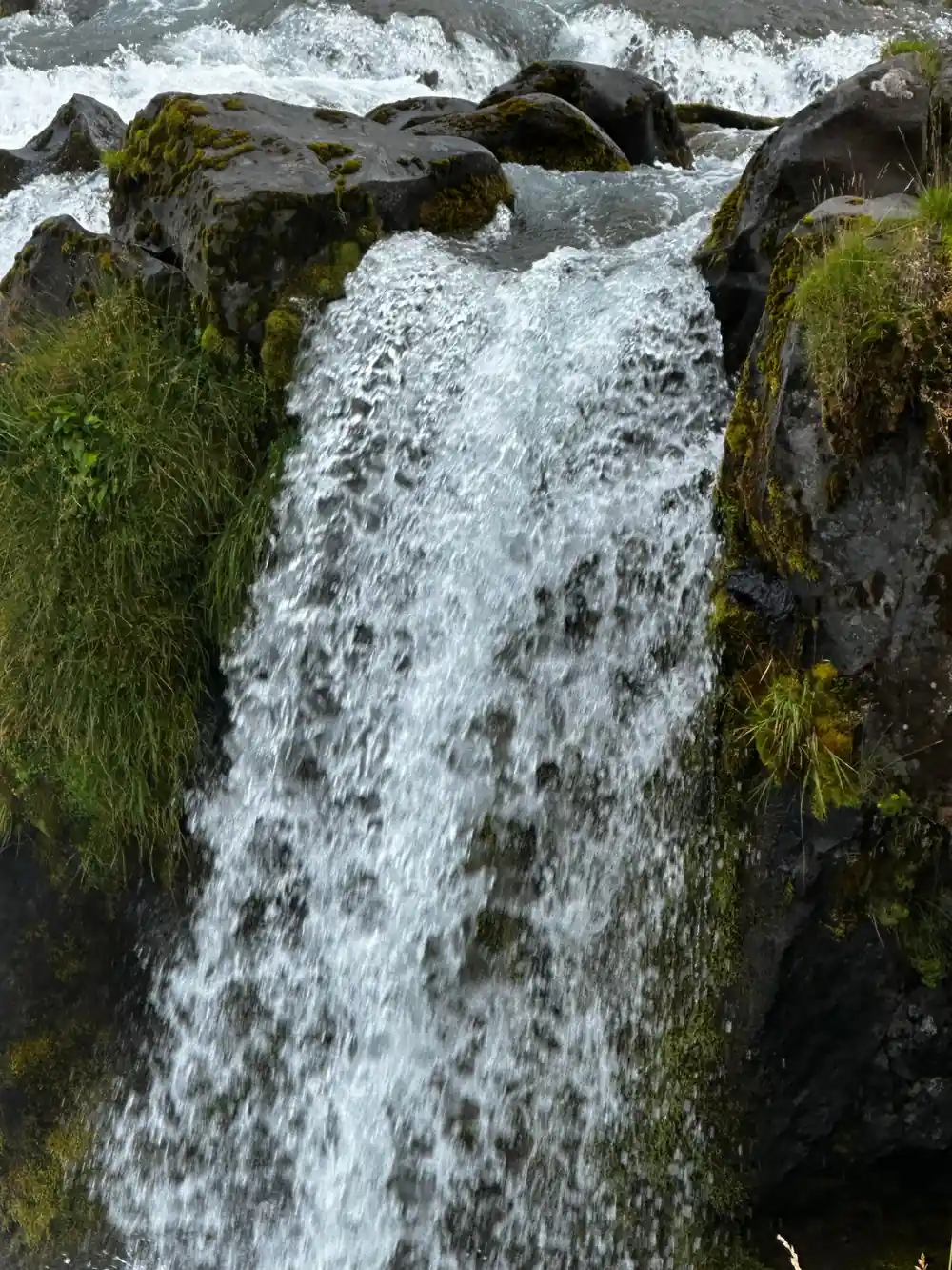Water sliding down a mossy rock face close up